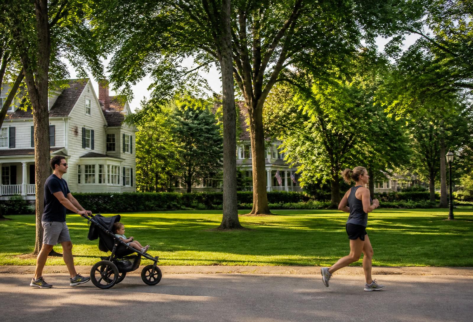 A father pushing a stroller and a woman jogging past a Glencoe village green shaded by tall trees