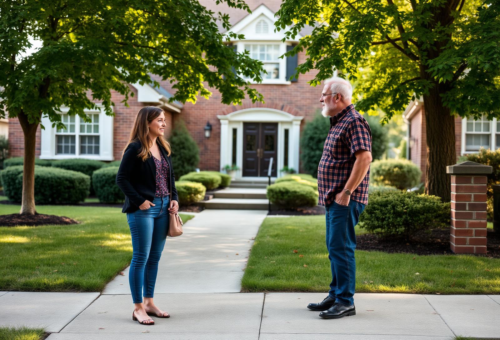 Two Highland Park neighbors talking on a shaded sidewalk in front of a brick home with trimmed landscaping
