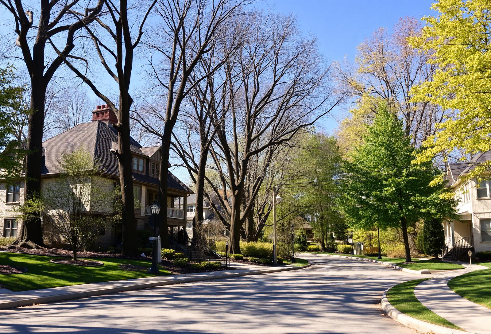 Sunlit Highland Park residential street lined with mature trees and traditional homes set near wooded ravines