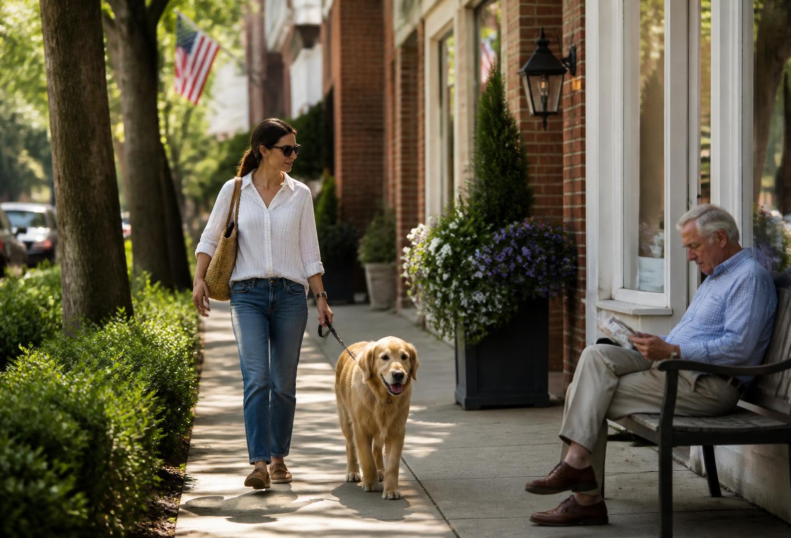 Woman walking a golden retriever past brick storefronts in downtown Lake Forest while a man reads on a bench