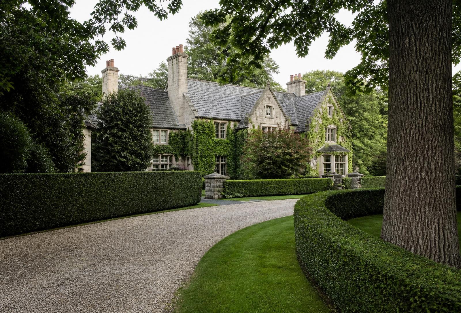 Ivy-covered Lake Forest stone estate with a slate roof behind clipped hedges and a curving gravel drive