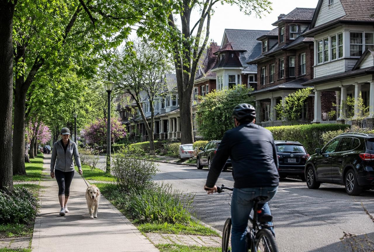 Tree-lined Evanston residential street with brick and clapboard homes on a spring morning