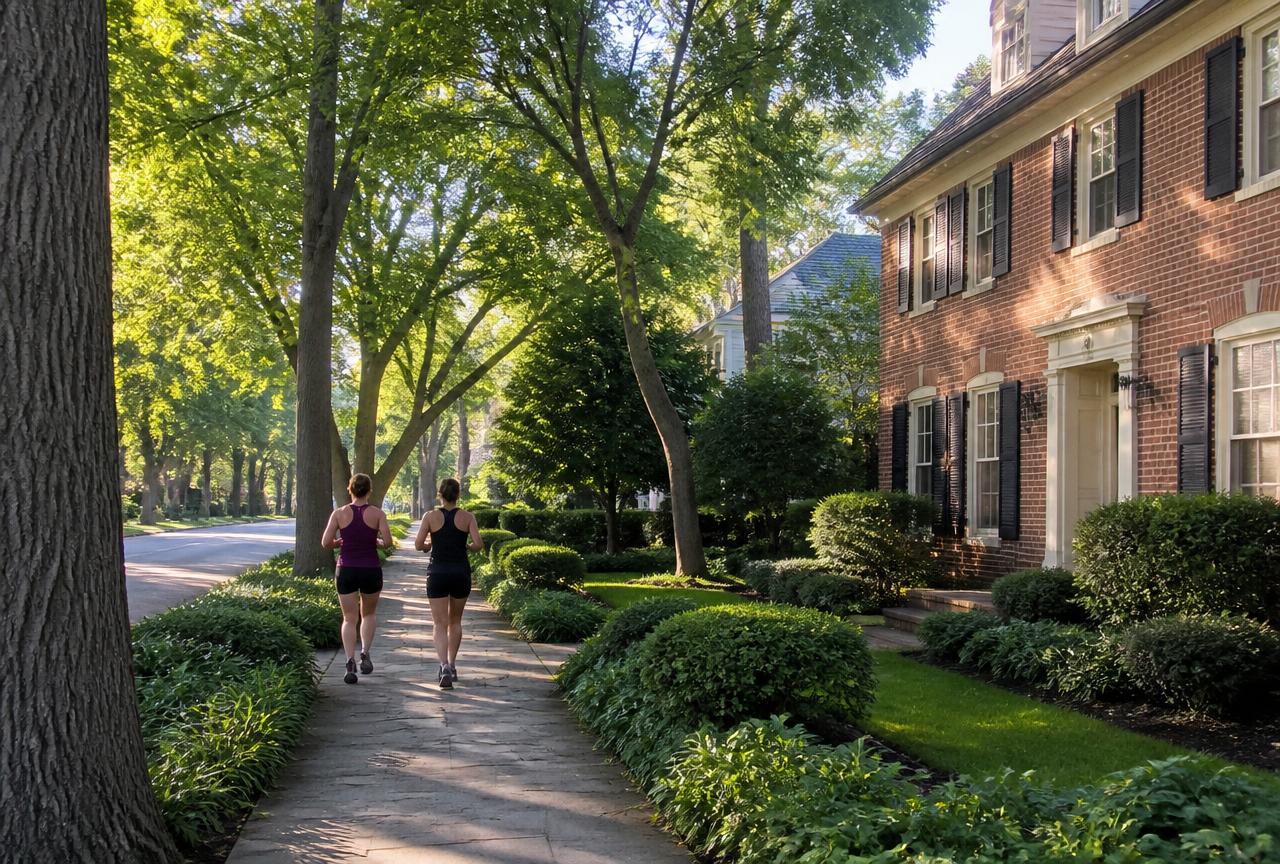 Shaded Glencoe sidewalk lined with oaks beside a brick colonial home