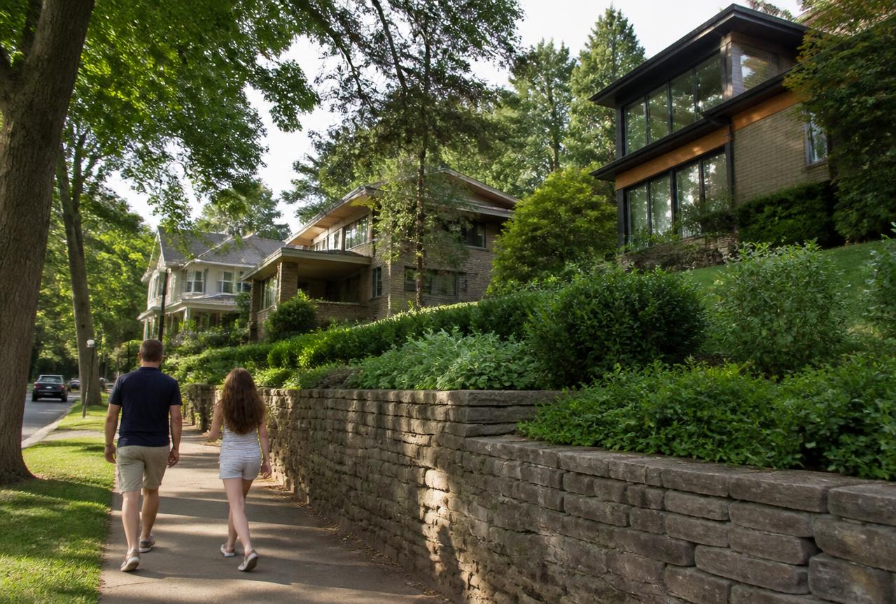 Highland Park ravine street with modern and traditional homes above a stone retaining wall