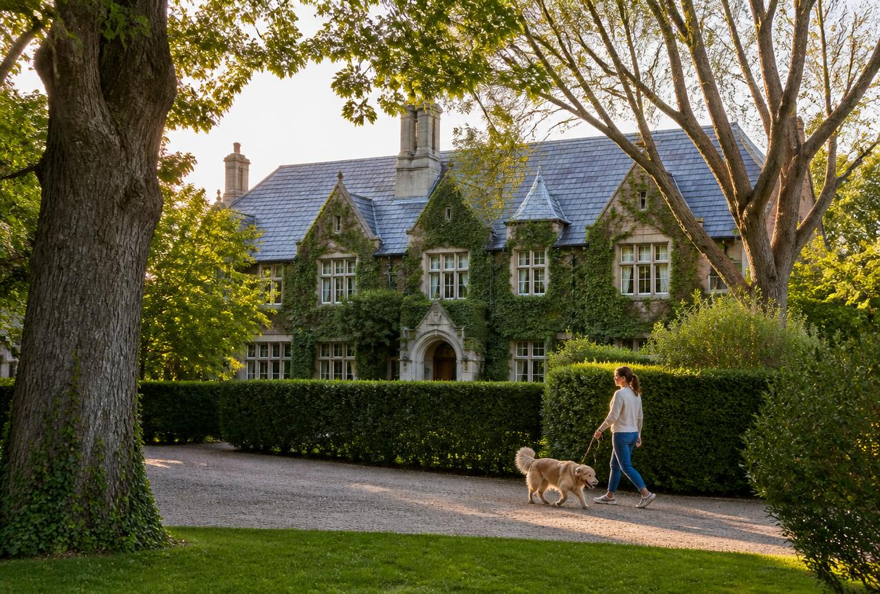Ivy-covered Lake Forest estate home with slate roof behind clipped hedges