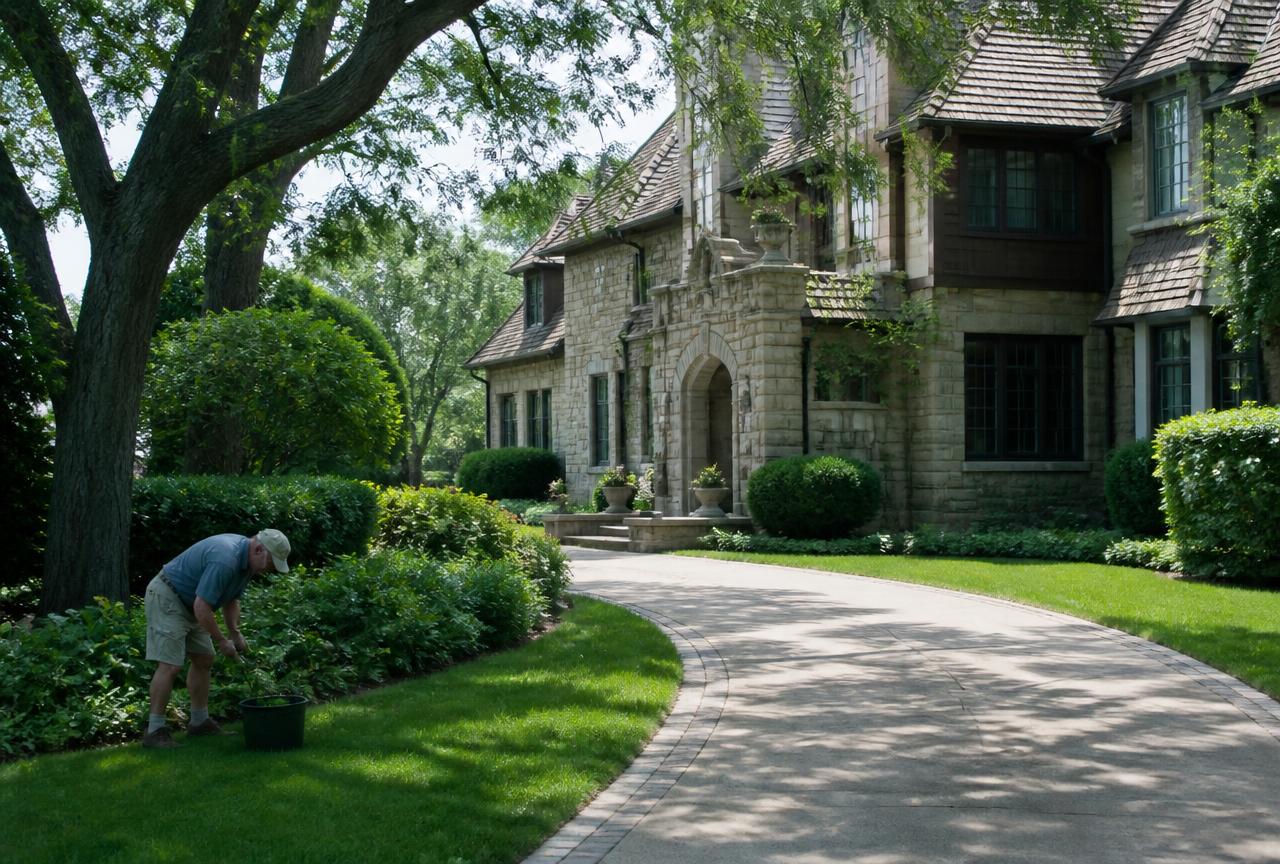 Historic Winnetka stone home behind mature landscaping and a curving driveway