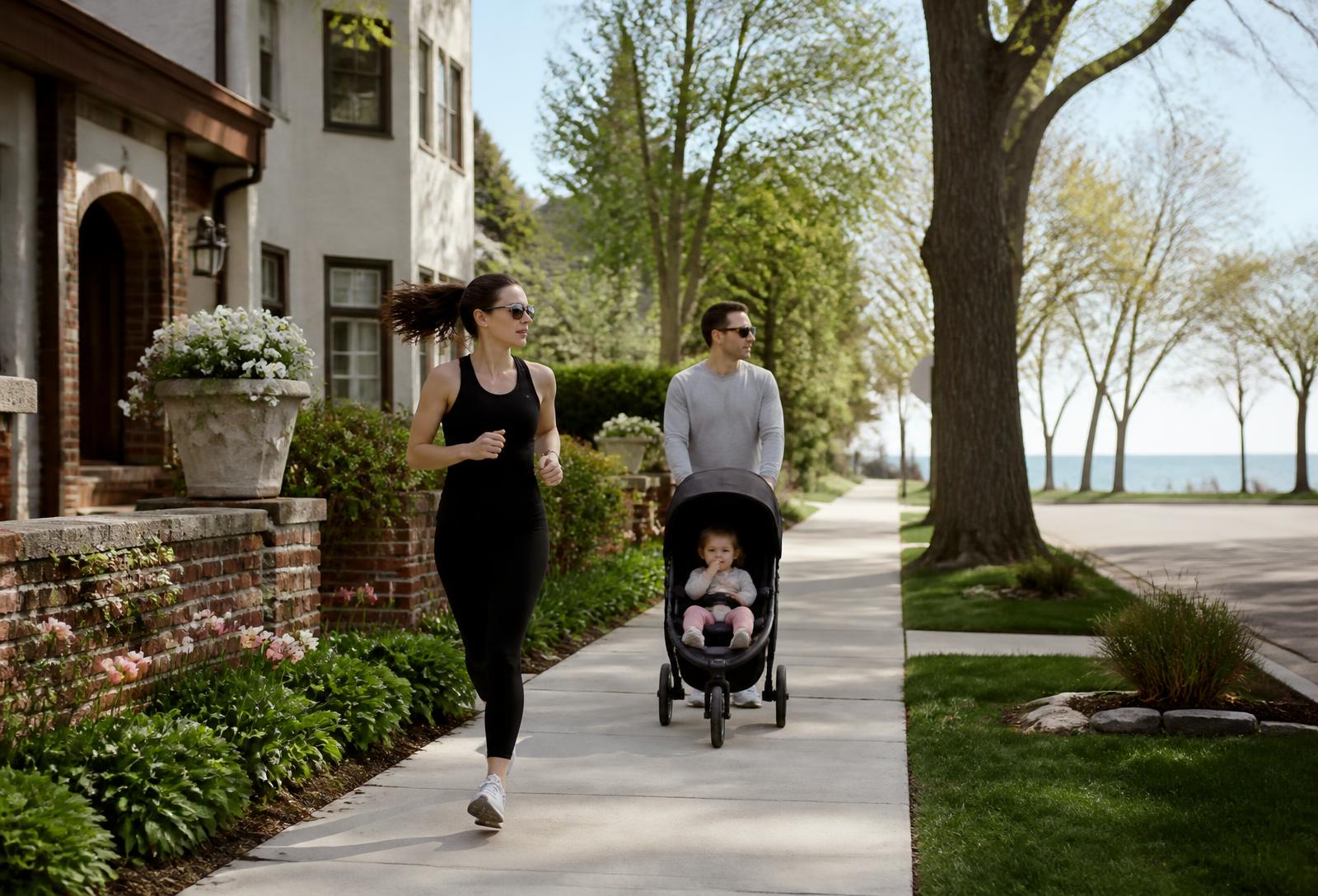 Wilmette residents jogging and walking with a stroller along a tree-lined sidewalk near Lake Michigan