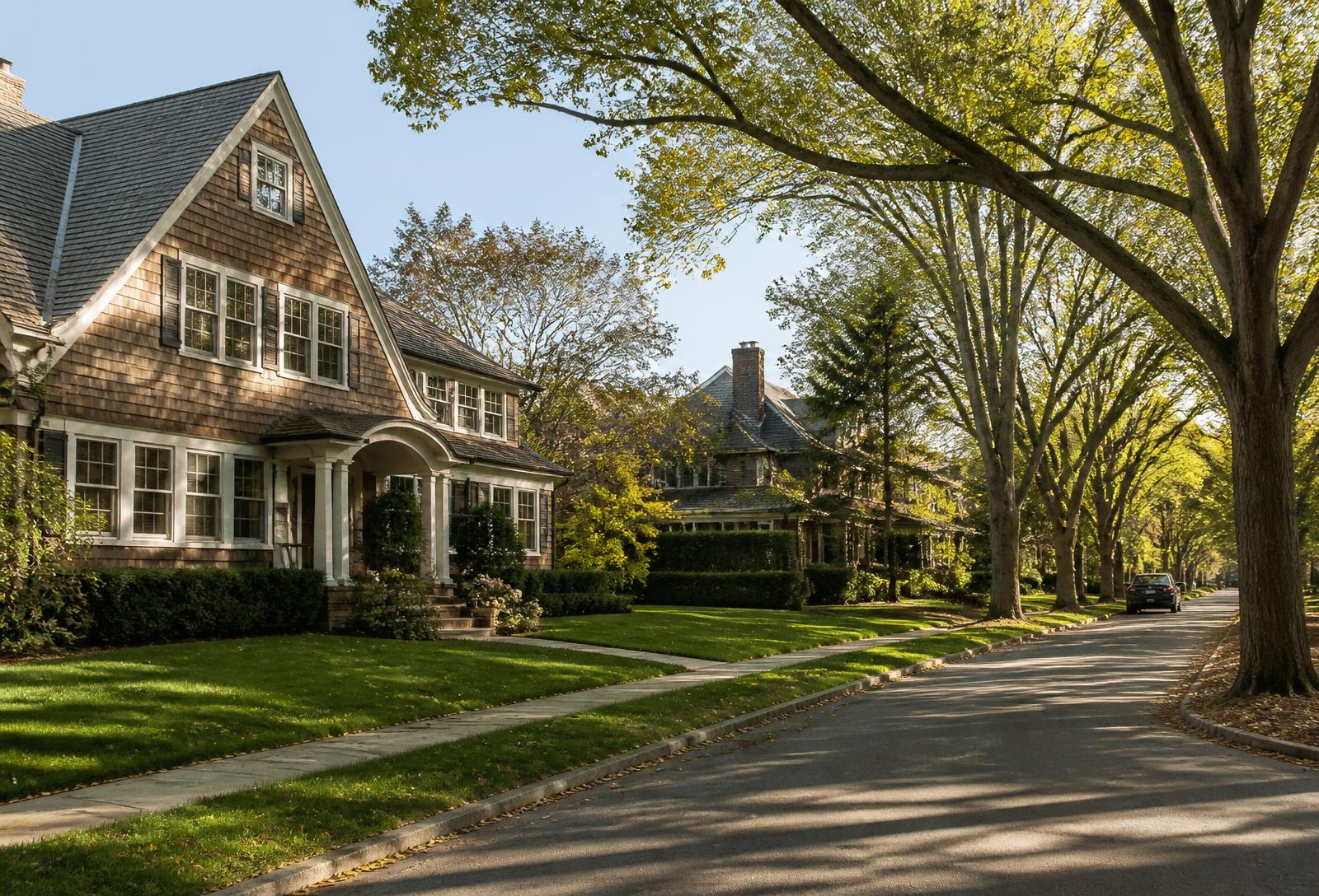Quiet Wilmette street of shingle-style and brick homes with deep lawns beneath mature elms