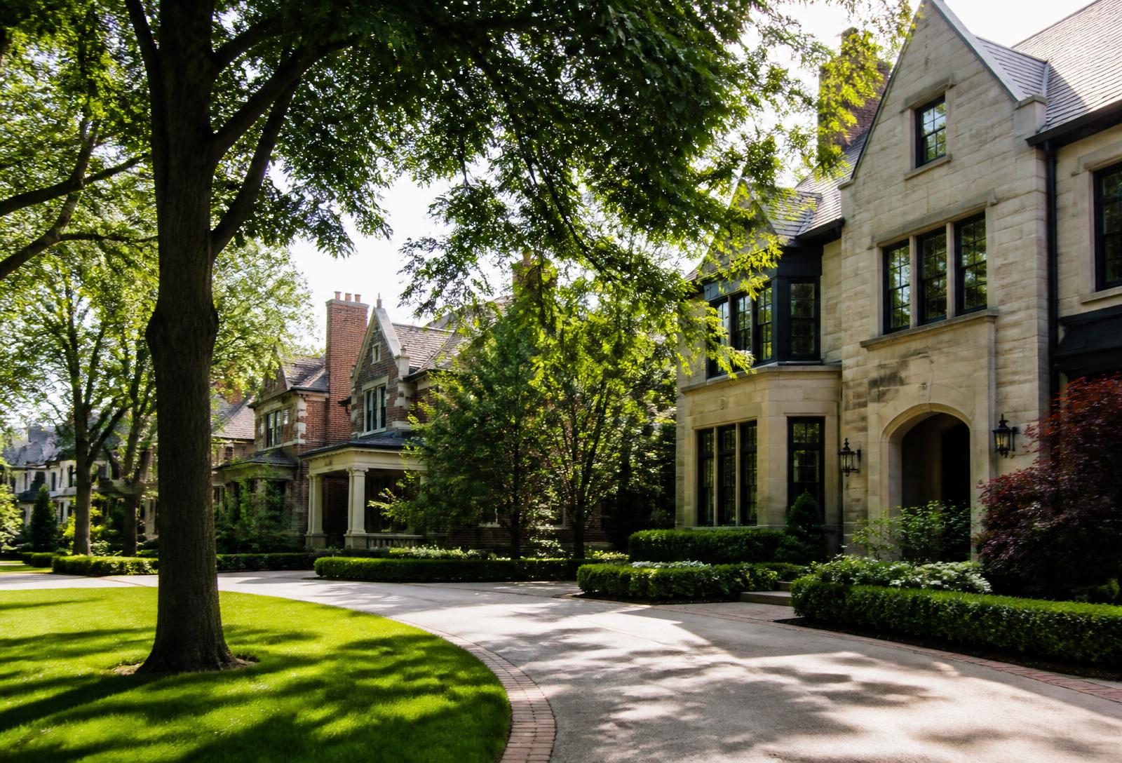 Winnetka street of limestone and brick estate homes behind mature oaks and clipped hedges